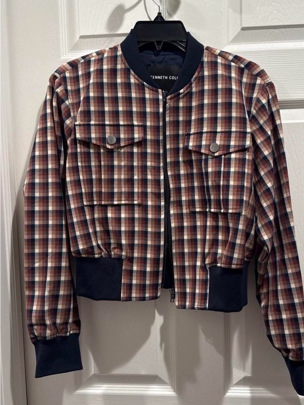 Kenneth Cole Checked Bomber Jacket in Navy, Brown & Cream